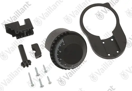 Vaillant Steuerungskomponenten bestehend aus einem Drehknopf, einer Halterung und weiteren Montageschrauben und -elementen auf hellem Hintergrund.